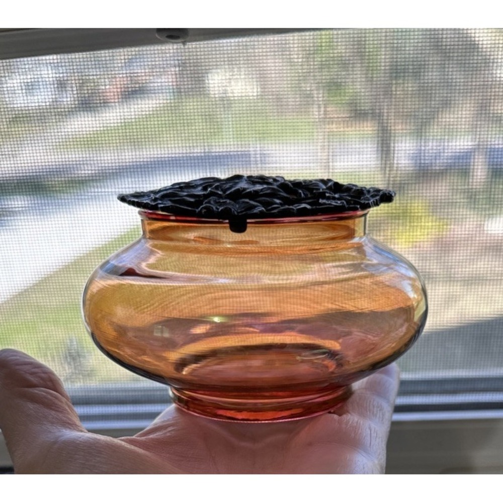 Glass Potpourri Holder Jar Bowl with Metal Lid Cover Pink Amber Iridescent